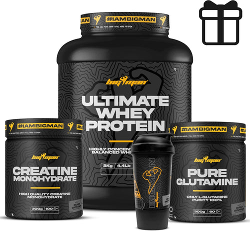 Pack BigMan Ultimate Whey 2kg + Creatina 300g + Glutamina 300g + Shaker PRO