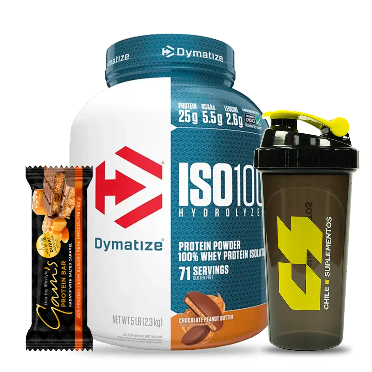ISO 100 Dymatize 5 LB · 71 Porciones · Barrita Dubai + Shaker de Regalo — 60% OFF
